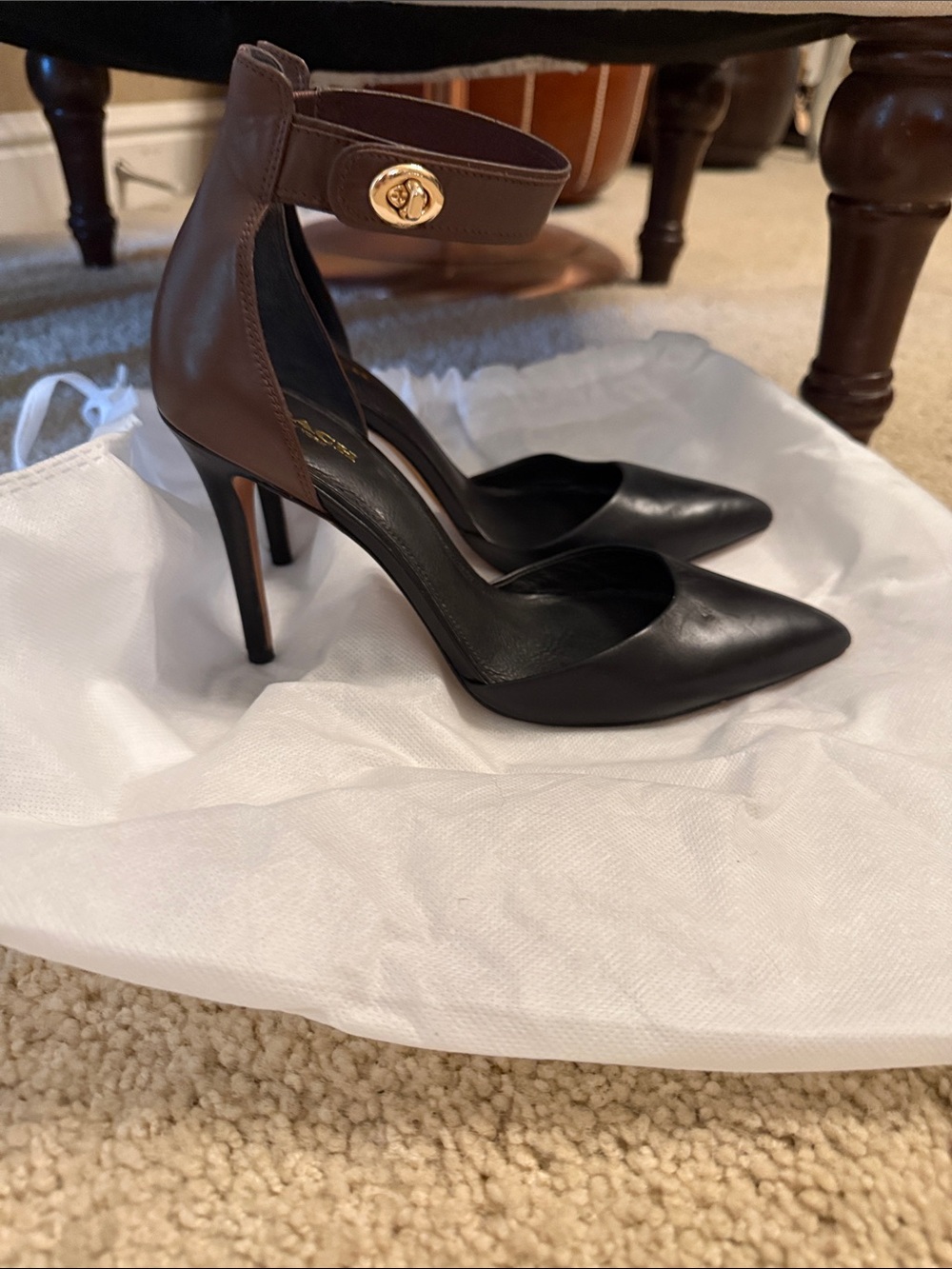 Coach Black and Brown Leather Ankle-Strap Pointed-Toe Pumps with gold buckle